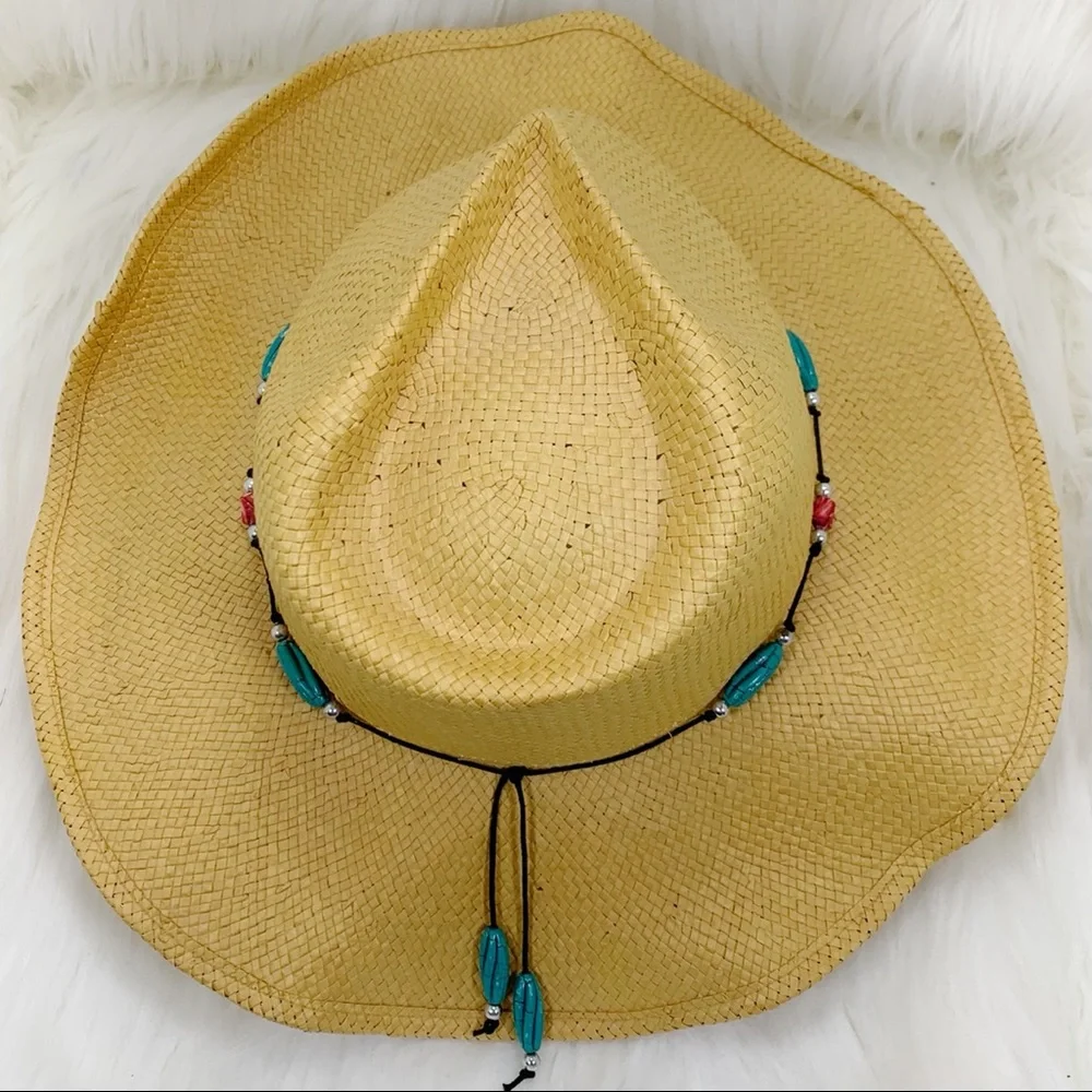 Golden Natural Fiber Cowboy Hat with Beaded Embellished String Tie Band